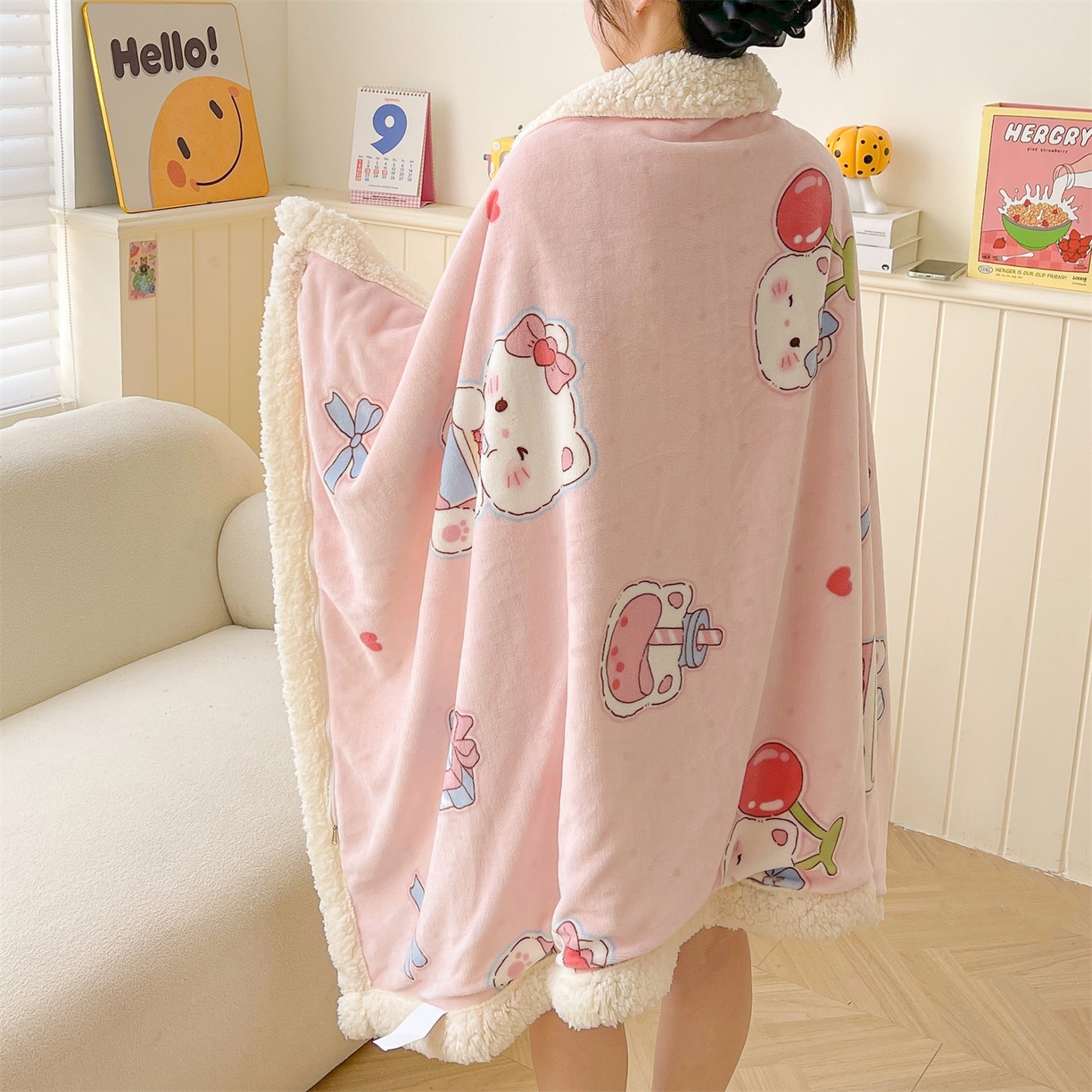 雯豆家纺 2025新款双面暖绒多功能被套毯盖毯毯子 茶杯猫咪