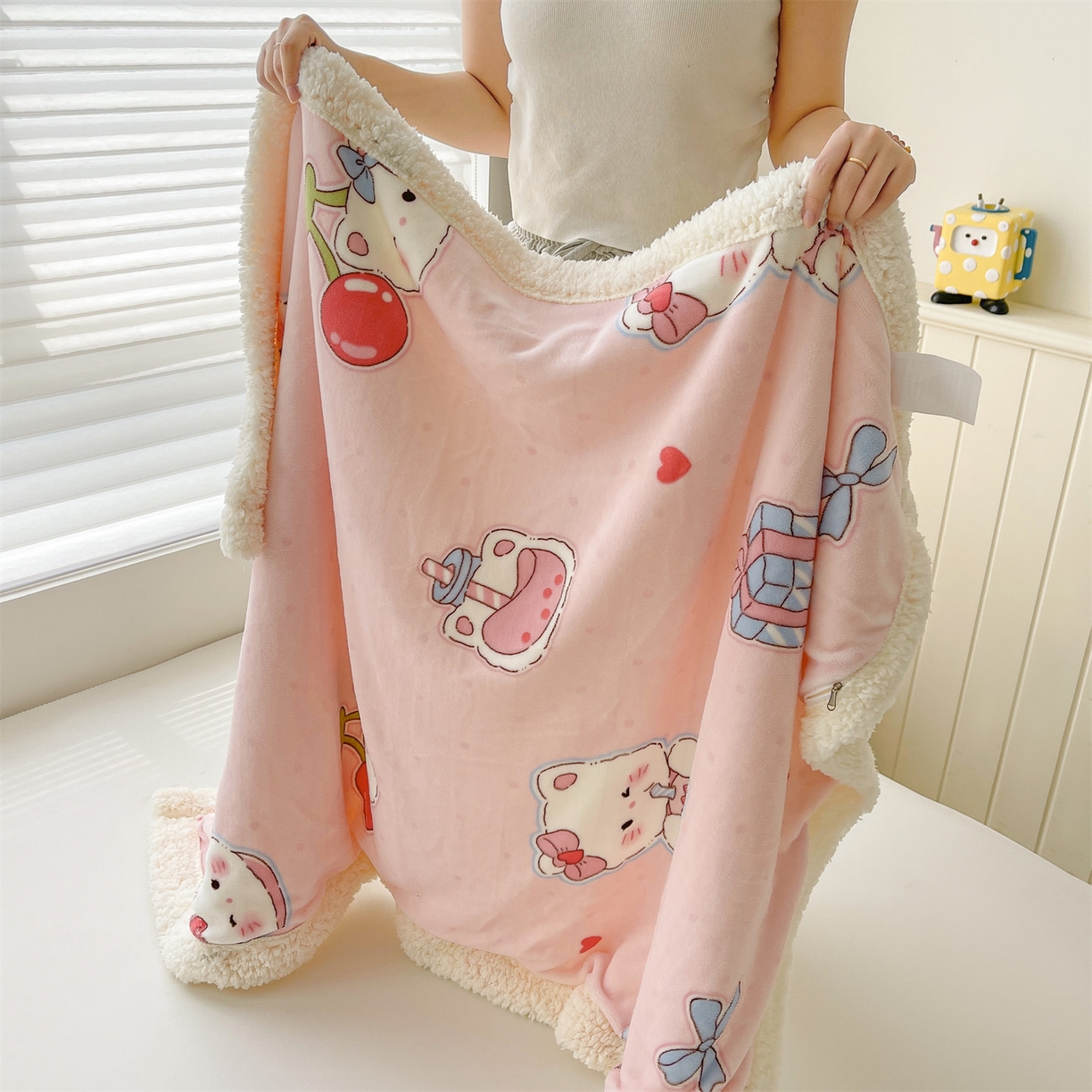 91家纺网 家纺一手货源 找家纺 雯豆家纺 2025新款双面暖绒多功能被套毯盖毯毯子 茶杯猫咪