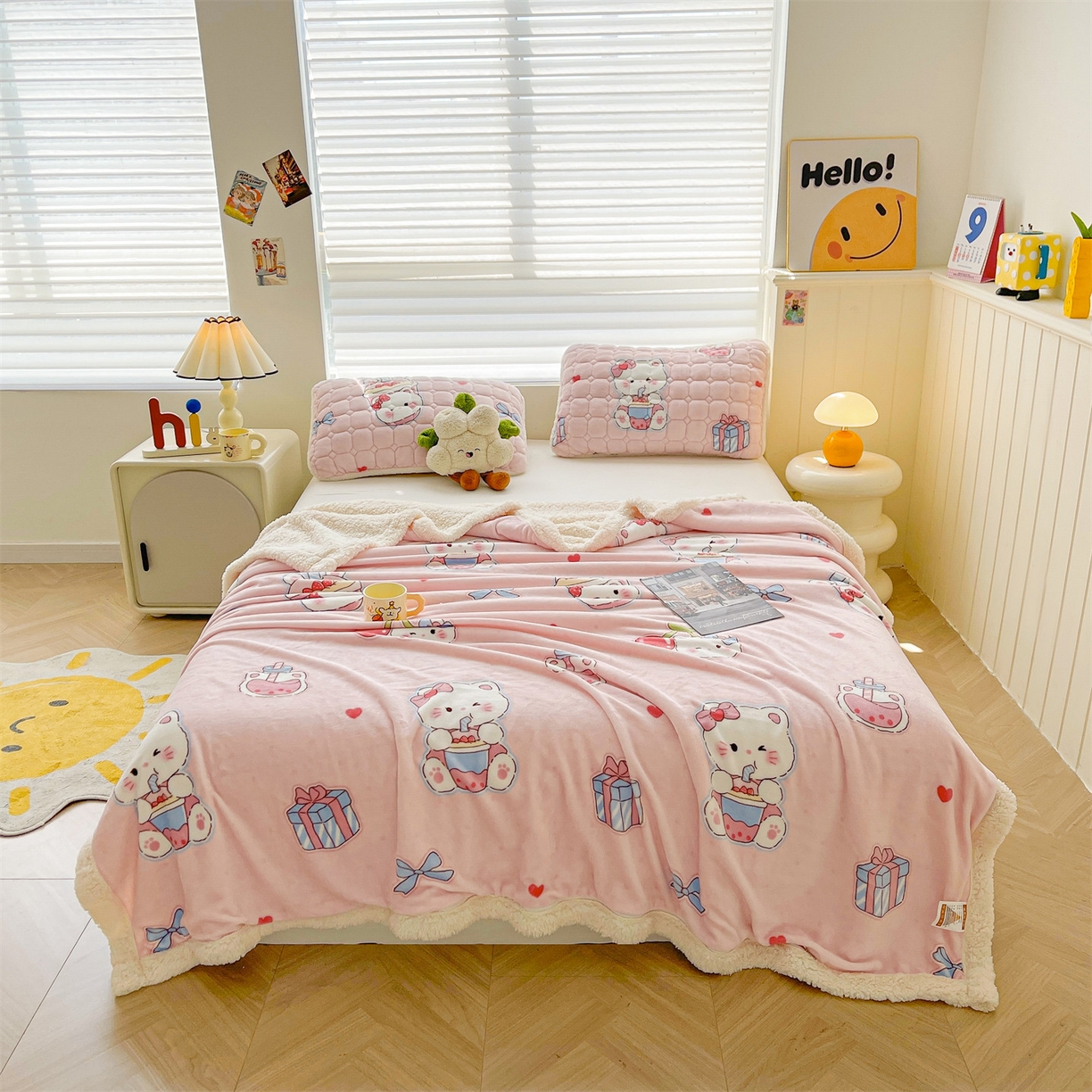 91家纺网 家纺一手货源 找家纺 雯豆家纺 2025新款双面暖绒多功能被套毯盖毯毯子 茶杯猫咪