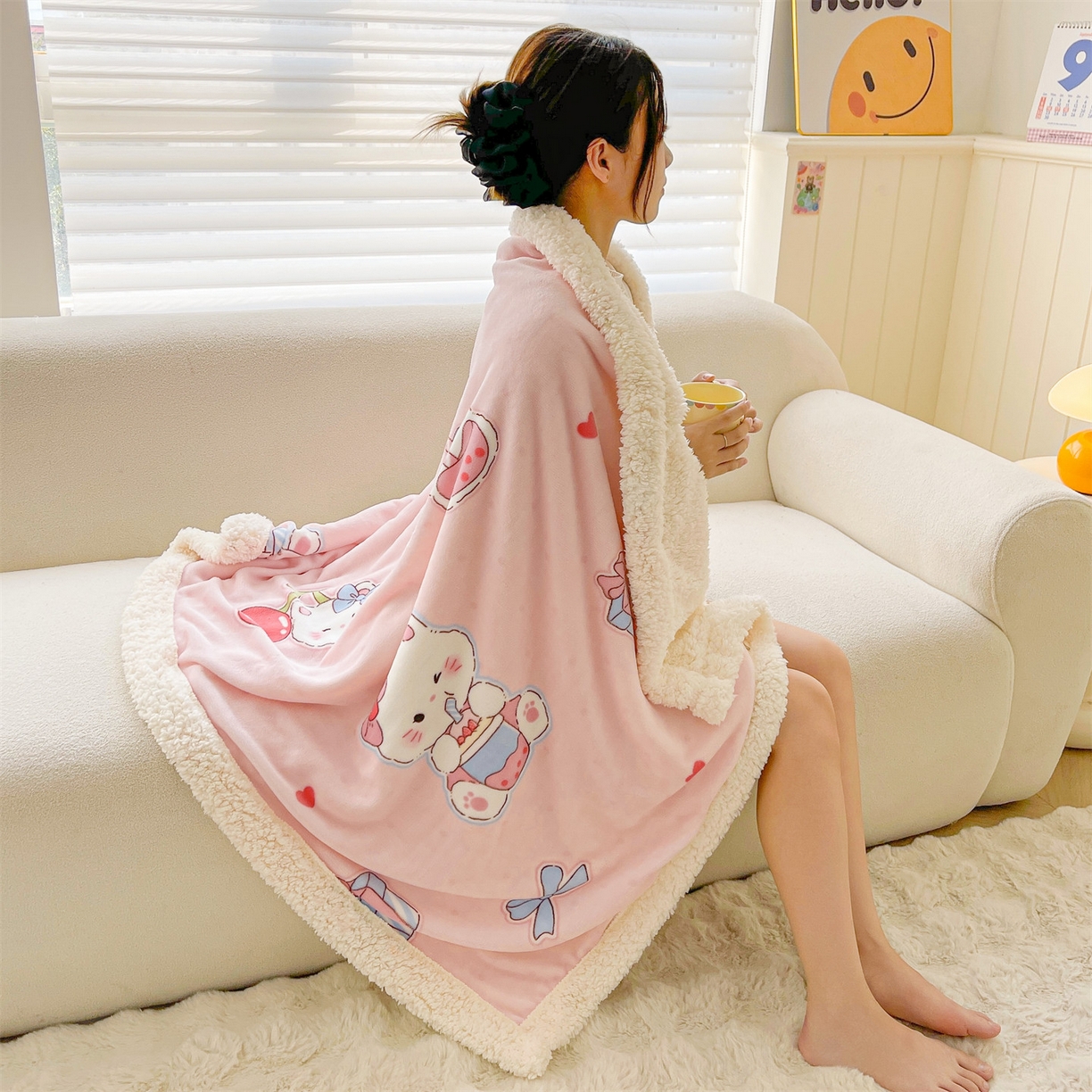 91家纺网 家纺一手货源 找家纺 雯豆家纺 2025新款双面暖绒多功能被套毯盖毯毯子 茶杯猫咪