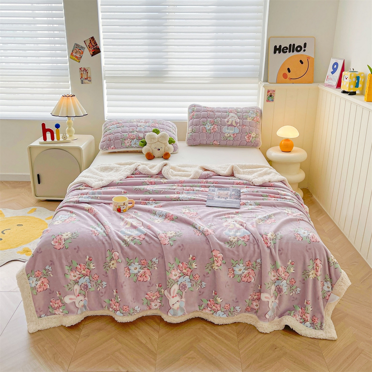 91家纺网 家纺一手货源 找家纺 雯豆家纺 2025新款双面暖绒多功能被套毯盖毯毯子 花花仙子