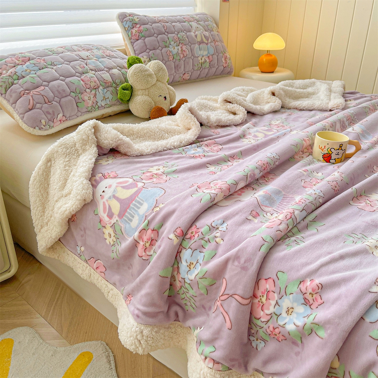 91家纺网 家纺一手货源 找家纺 雯豆家纺 2025新款双面暖绒多功能被套毯盖毯毯子 花花仙子