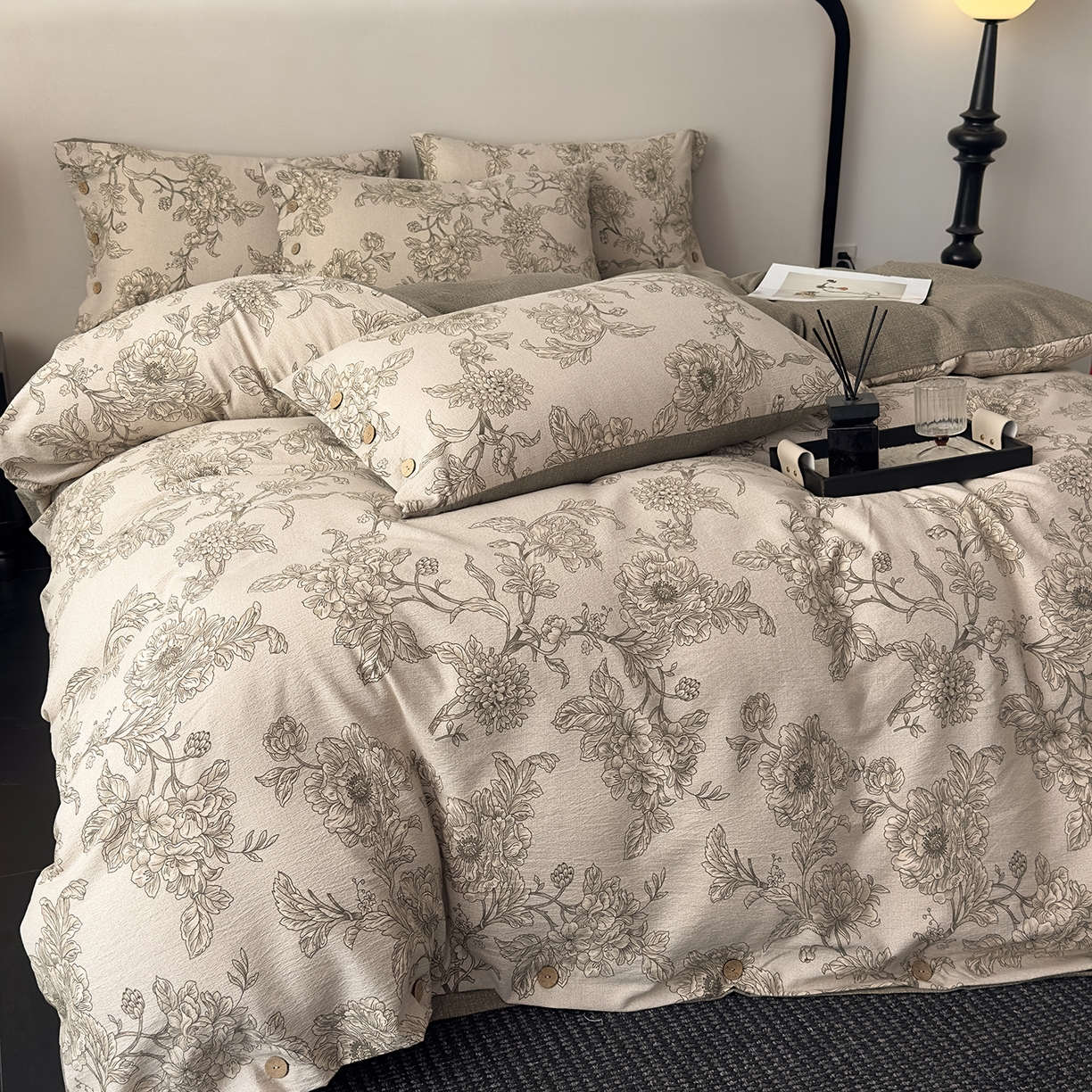 91家纺网 家纺一手货源 找家纺 （总）禧多家纺 2025新款提花原柔麻四件套纽扣款