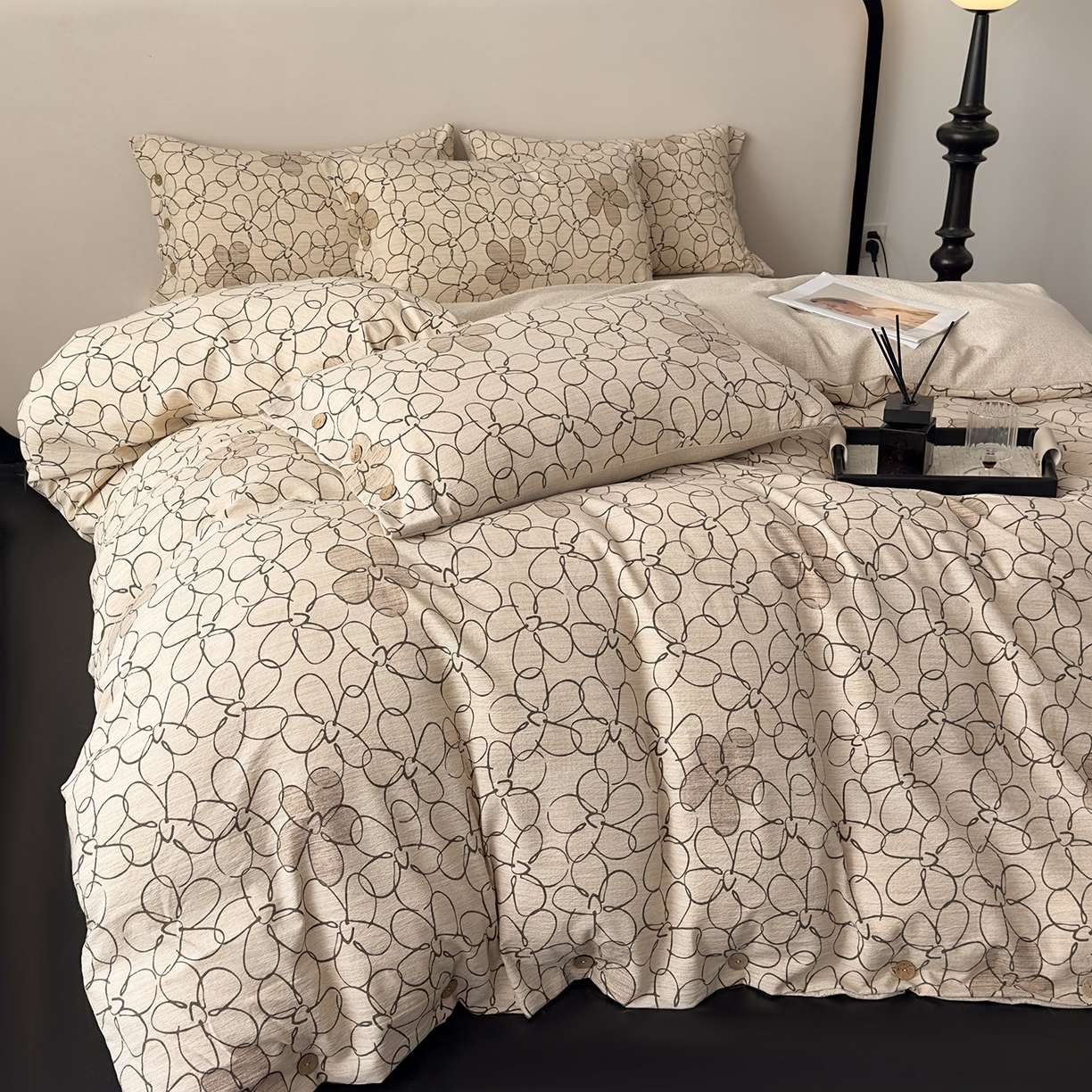 91家纺网 家纺一手货源 找家纺 （总）禧多家纺 2025新款提花原柔麻四件套纽扣款