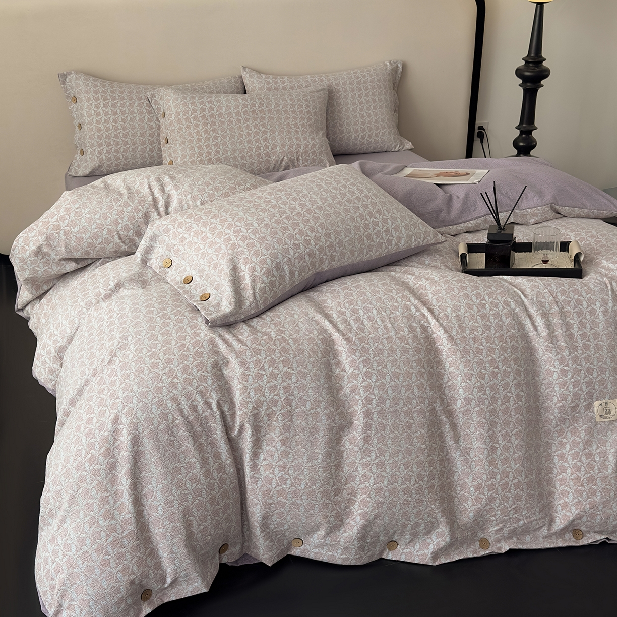 91家纺网 家纺一手货源 找家纺 （总）禧多家纺 2025新款提花原柔麻四件套纽扣款