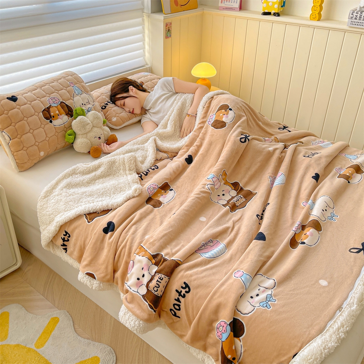 91家纺网 家纺一手货源 找家纺 雯豆家纺 2025新款双面暖绒多功能被套毯盖毯毯子 狂欢派对