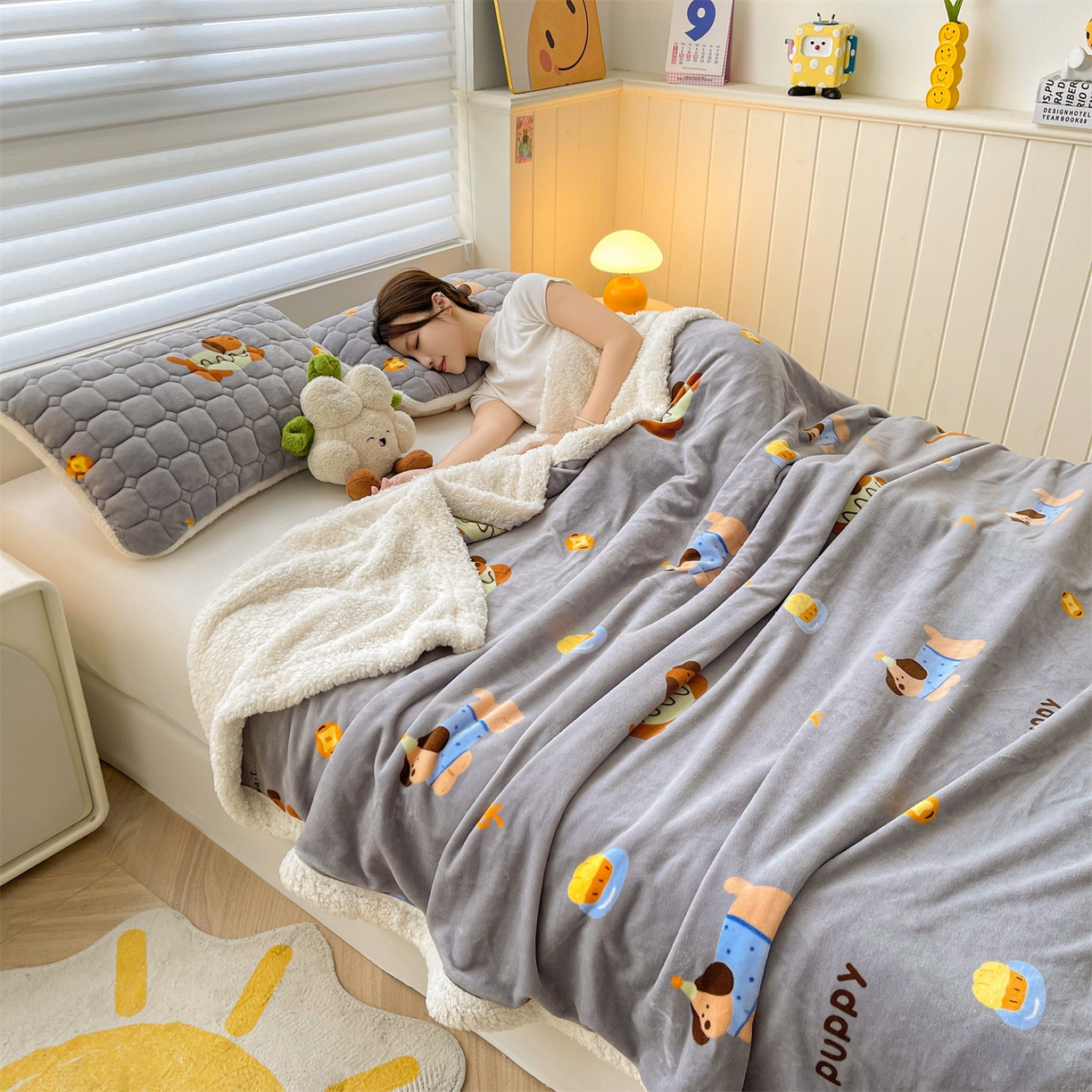 91家纺网 家纺一手货源 找家纺 雯豆家纺 2025新款双面暖绒多功能被套毯盖毯毯子 腊肠狗