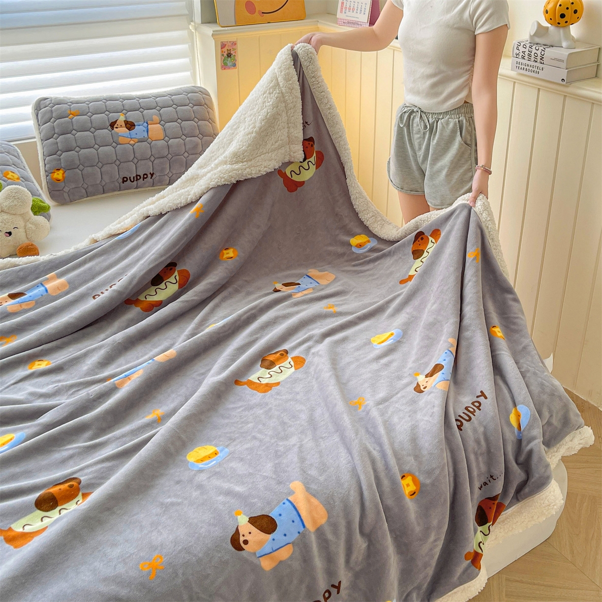 91家纺网 家纺一手货源 找家纺 雯豆家纺 2025新款双面暖绒多功能被套毯盖毯毯子 腊肠狗