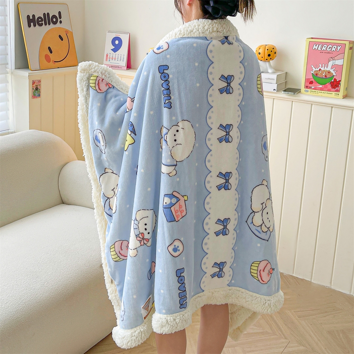 雯豆家纺 2025新款双面暖绒多功能被套毯盖毯毯子 奶蓝小狗