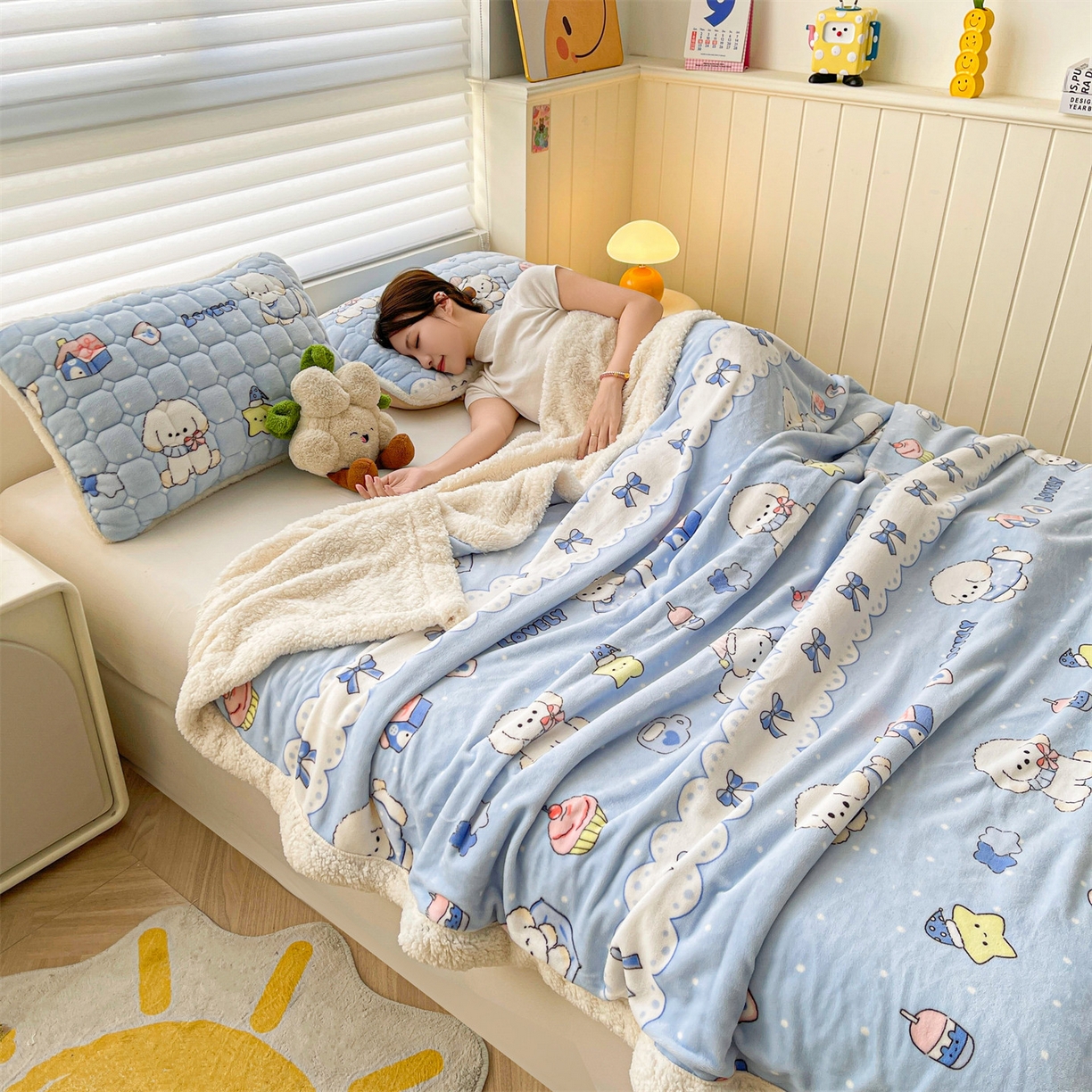 91家纺网 家纺一手货源 找家纺 雯豆家纺 2025新款双面暖绒多功能被套毯盖毯毯子 奶蓝小狗