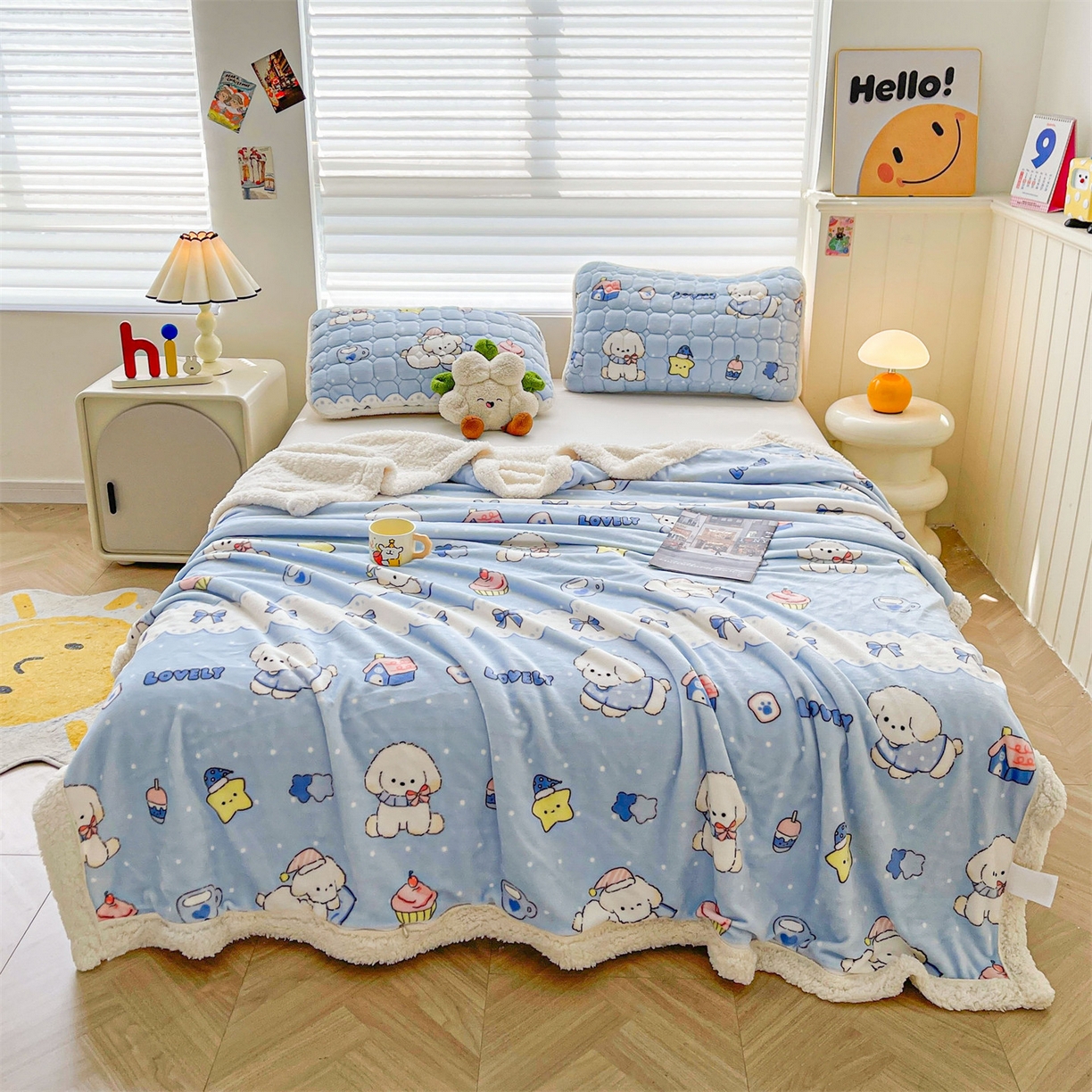 91家纺网 家纺一手货源 找家纺 雯豆家纺 2025新款双面暖绒多功能被套毯盖毯毯子 奶蓝小狗