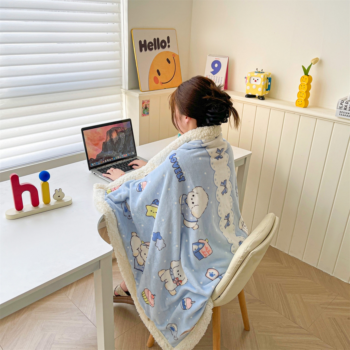 91家纺网 家纺一手货源 找家纺 雯豆家纺 2025新款双面暖绒多功能被套毯盖毯毯子 奶蓝小狗