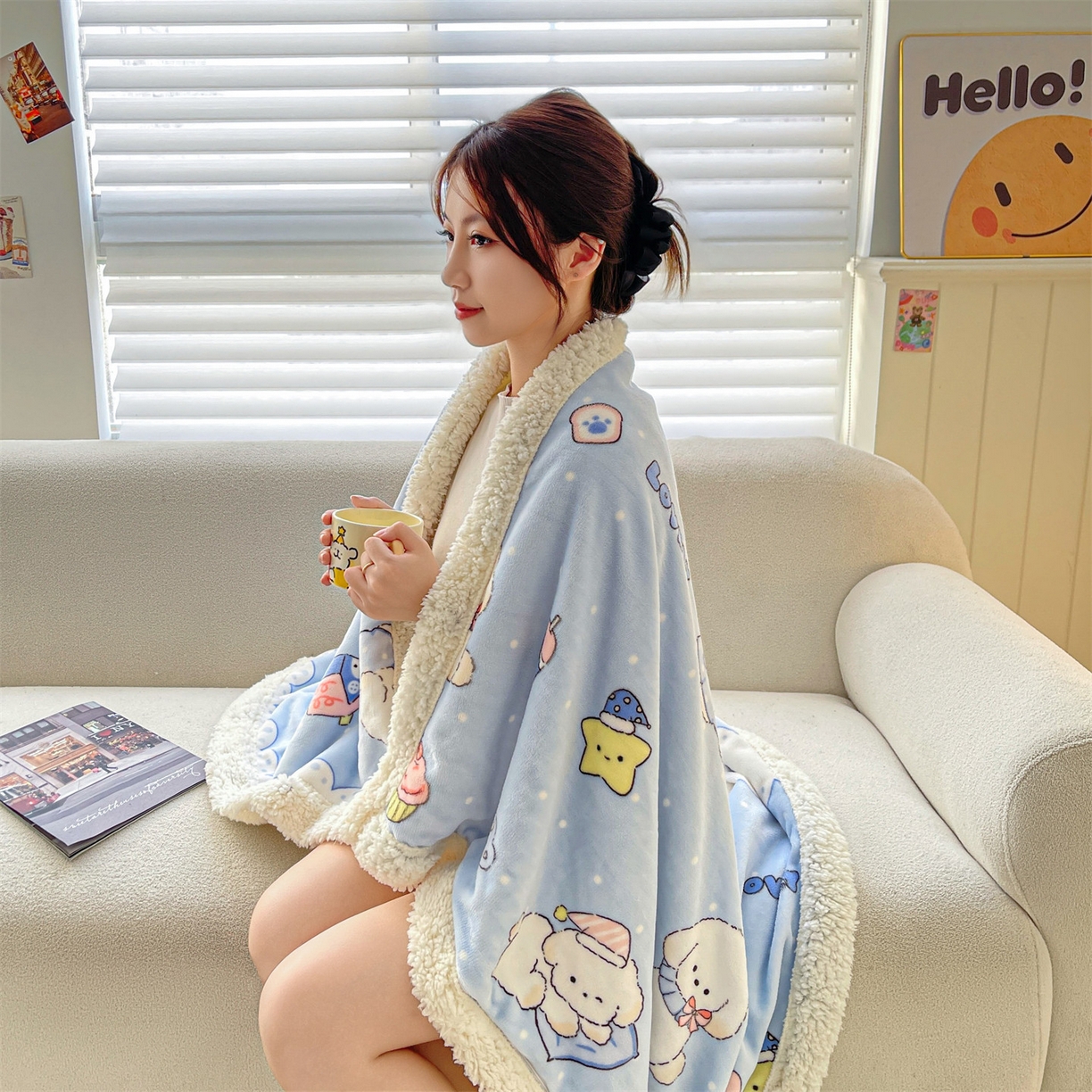 91家纺网 家纺一手货源 找家纺 雯豆家纺 2025新款双面暖绒多功能被套毯盖毯毯子 奶蓝小狗