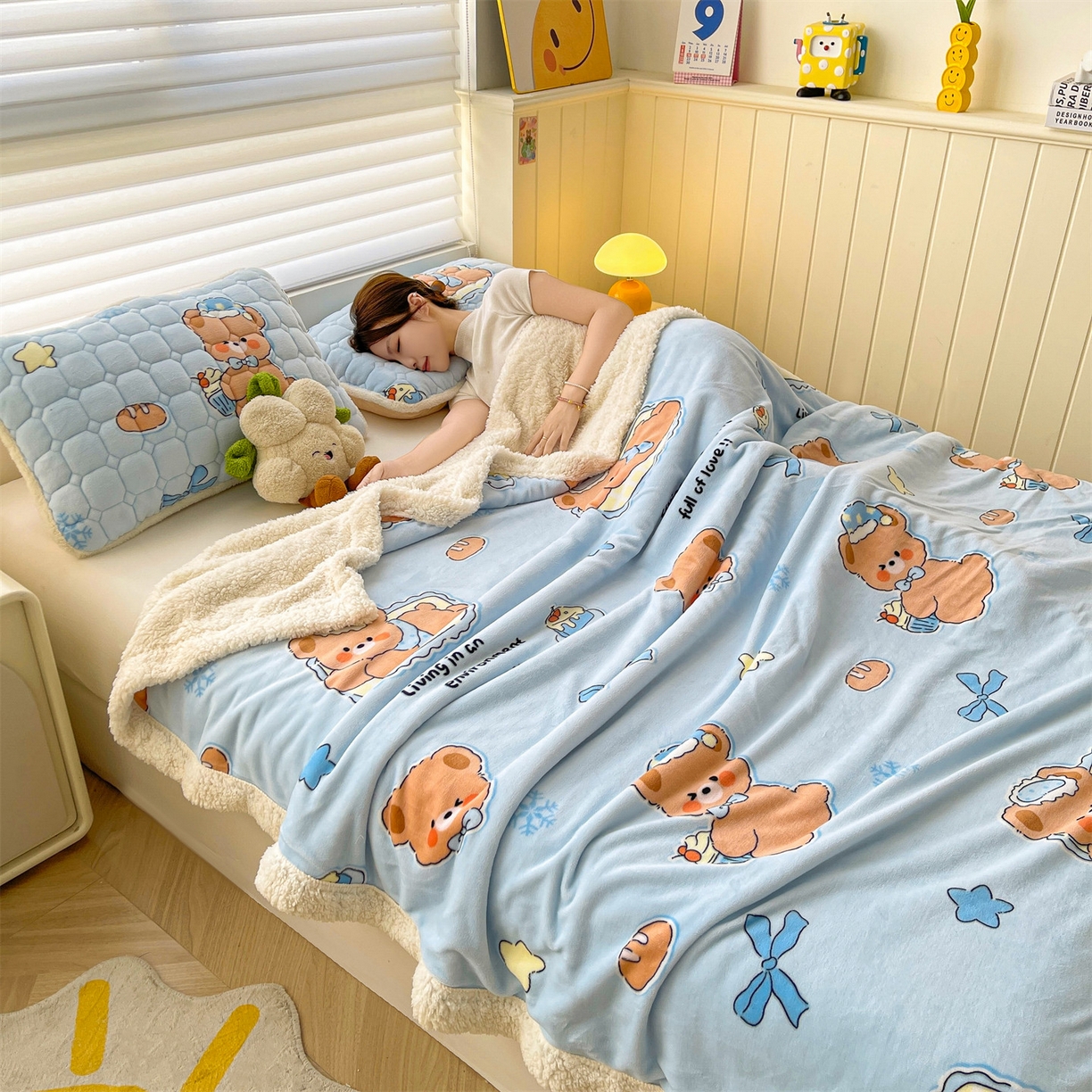 91家纺网 家纺一手货源 找家纺 雯豆家纺 2025新款双面暖绒多功能被套毯盖毯毯子 趴趴熊