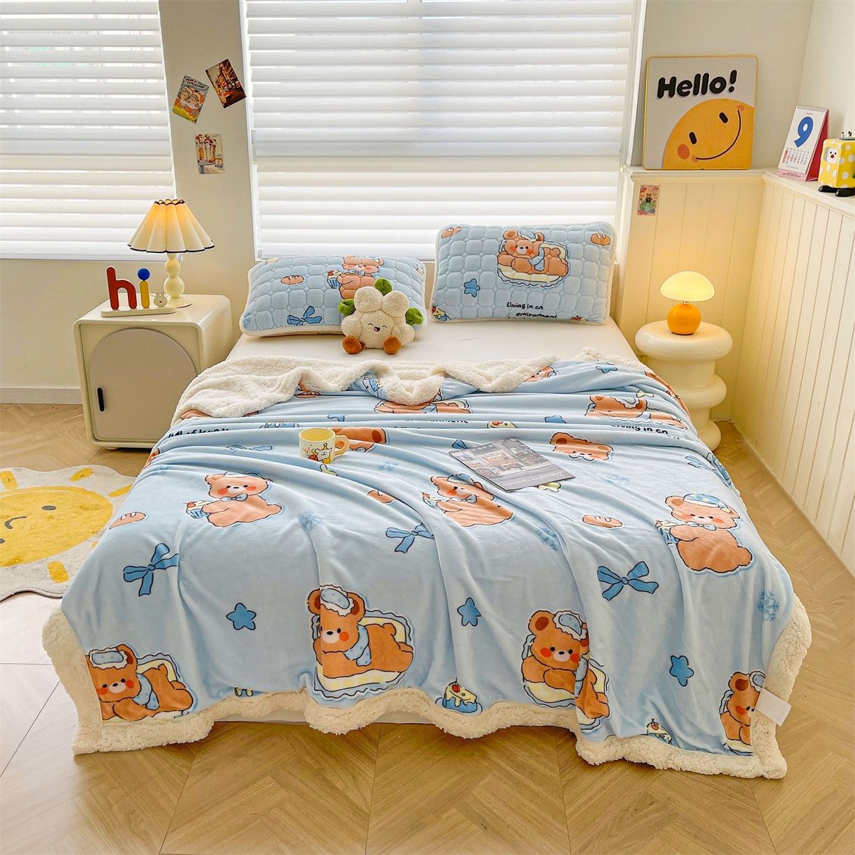 91家纺网 家纺一手货源 找家纺 雯豆家纺 2025新款双面暖绒多功能被套毯盖毯毯子 趴趴熊