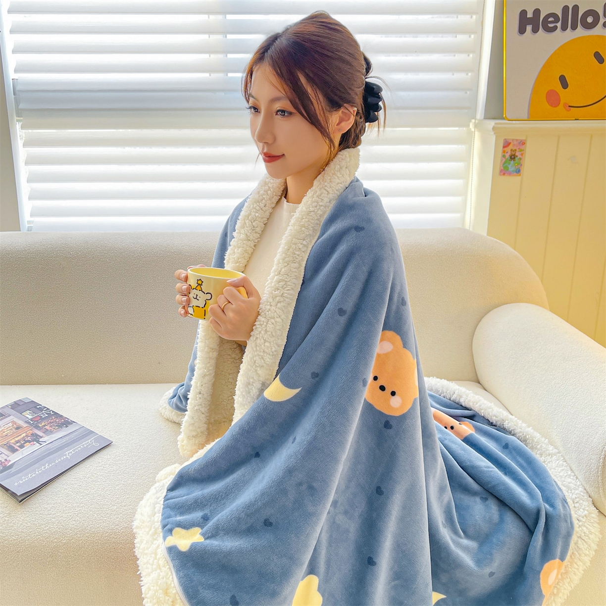 91家纺网 家纺一手货源 找家纺 雯豆家纺 2025新款双面暖绒多功能被套毯盖毯毯子 太空小熊