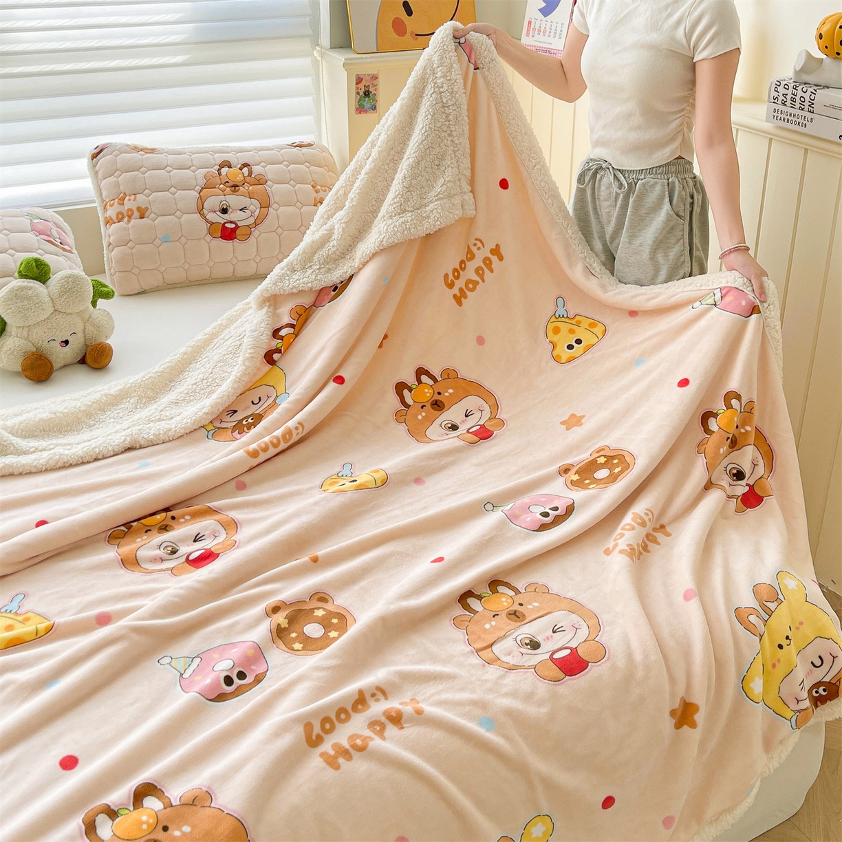 91家纺网 家纺一手货源 找家纺 雯豆家纺 2025新款双面暖绒多功能被套毯盖毯毯子 甜心布布