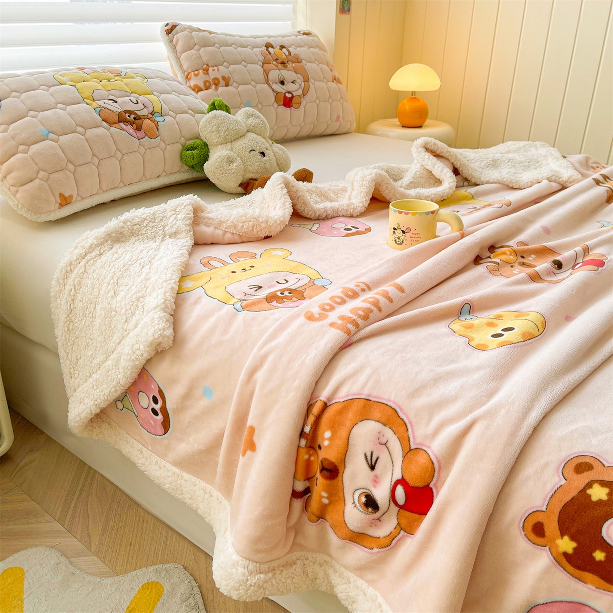 91家纺网 家纺一手货源 找家纺 雯豆家纺 2025新款双面暖绒多功能被套毯盖毯毯子 甜心布布