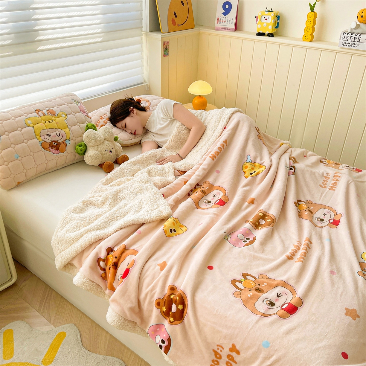 91家纺网 家纺一手货源 找家纺 雯豆家纺 2025新款双面暖绒多功能被套毯盖毯毯子 甜心布布