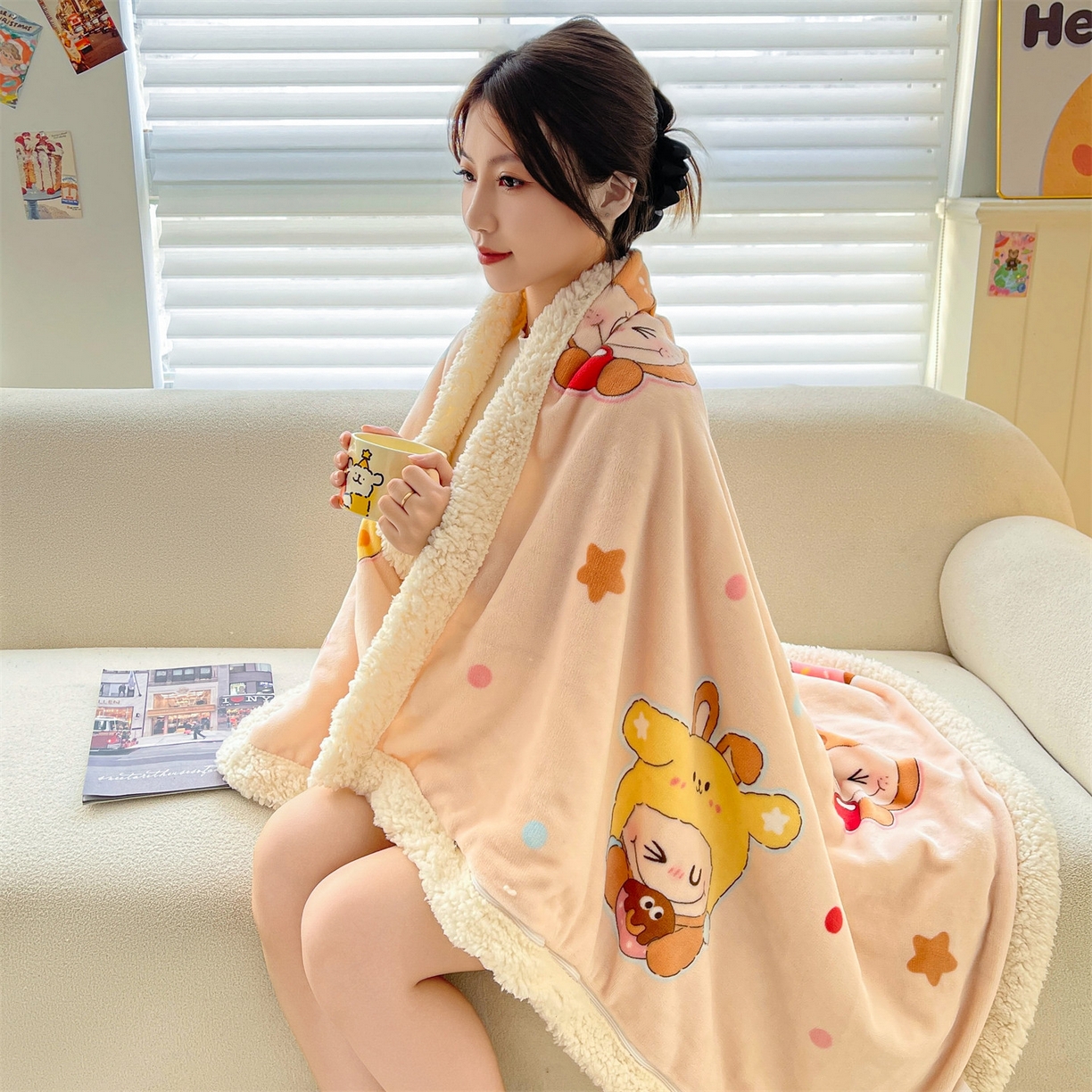 91家纺网 家纺一手货源 找家纺 雯豆家纺 2025新款双面暖绒多功能被套毯盖毯毯子 甜心布布