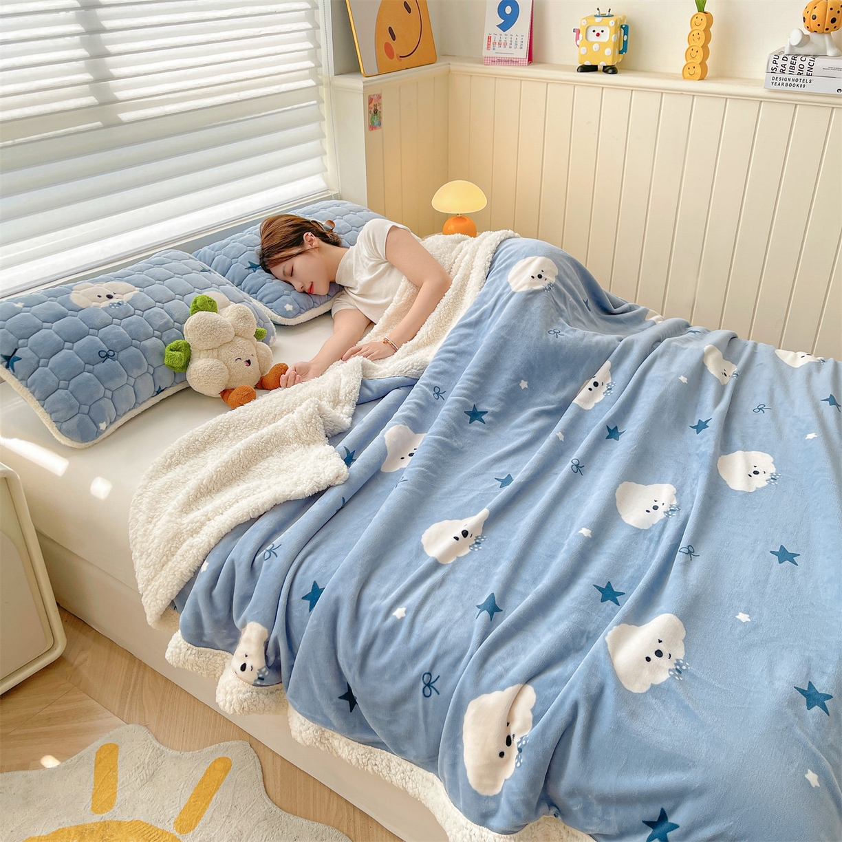 91家纺网 家纺一手货源 找家纺 雯豆家纺 2025新款双面暖绒多功能被套毯盖毯毯子 星空小狗