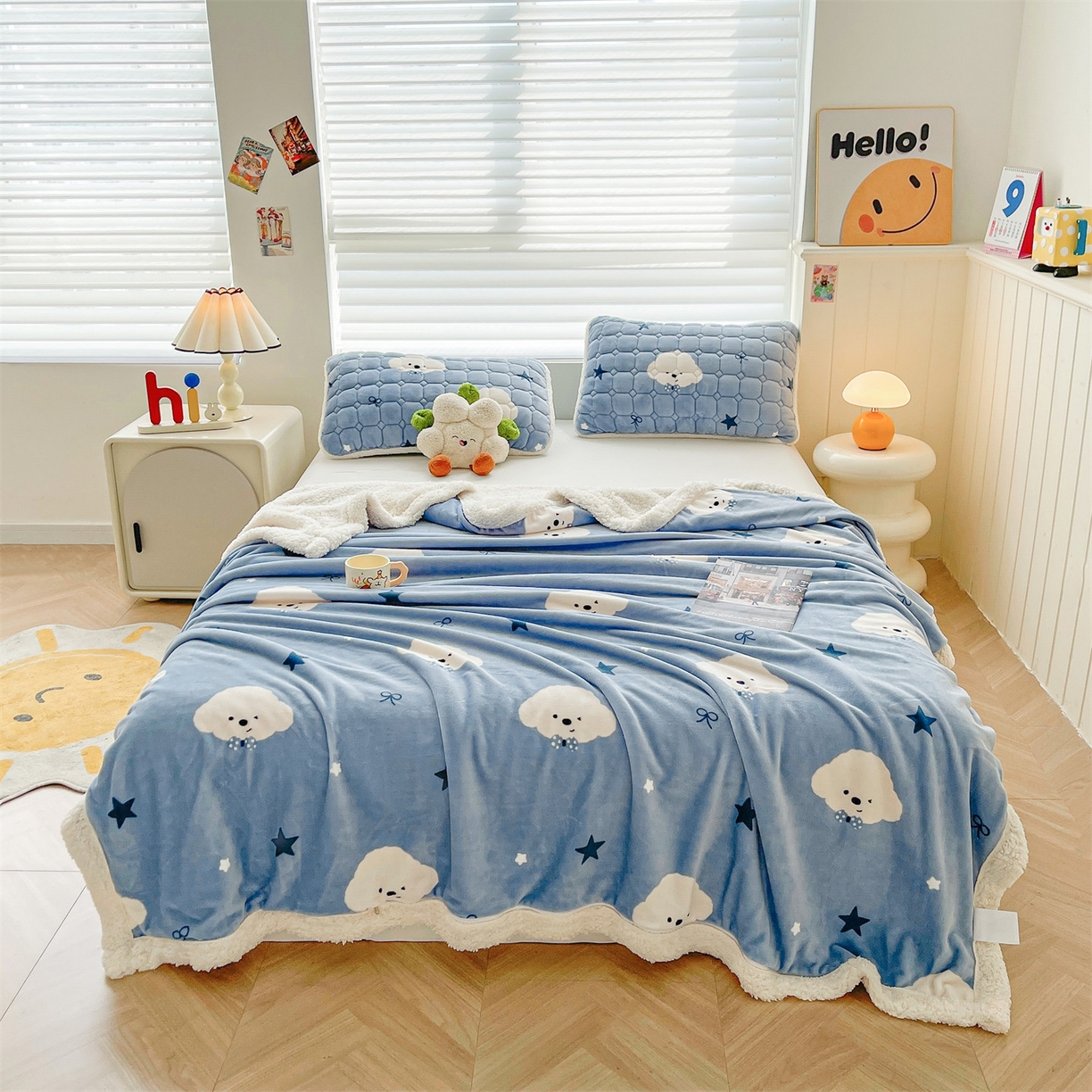 91家纺网 家纺一手货源 找家纺 雯豆家纺 2025新款双面暖绒多功能被套毯盖毯毯子 星空小狗