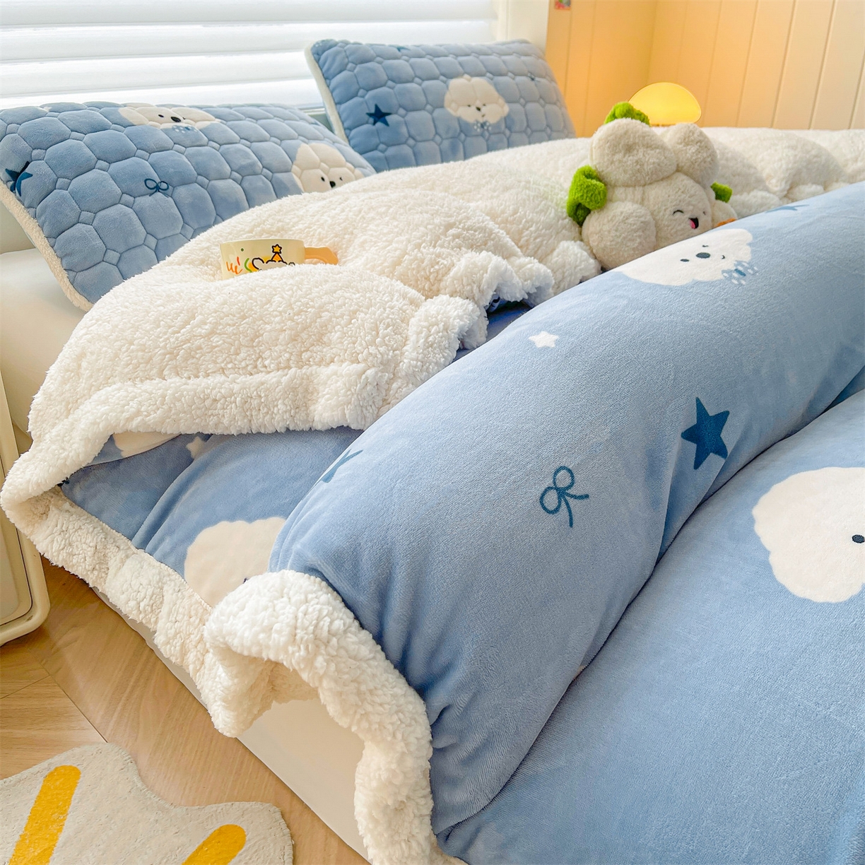 91家纺网 家纺一手货源 找家纺 雯豆家纺 2025新款双面暖绒多功能被套毯盖毯毯子 星空小狗