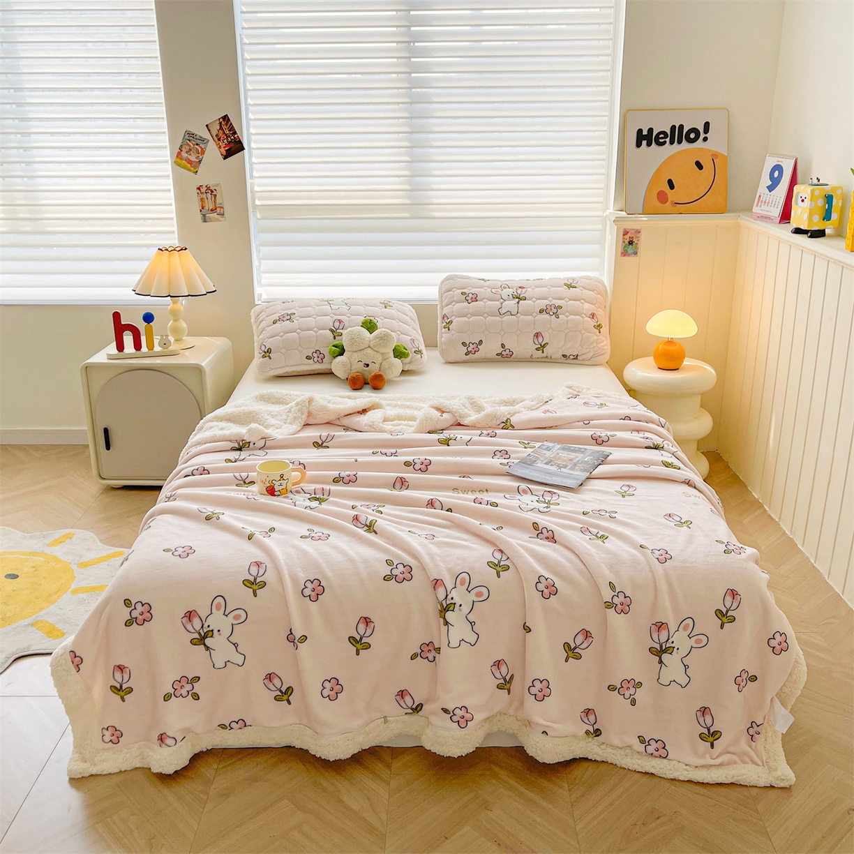 91家纺网 家纺一手货源 找家纺 雯豆家纺 2025新款双面暖绒多功能被套毯盖毯毯子 月季小兔