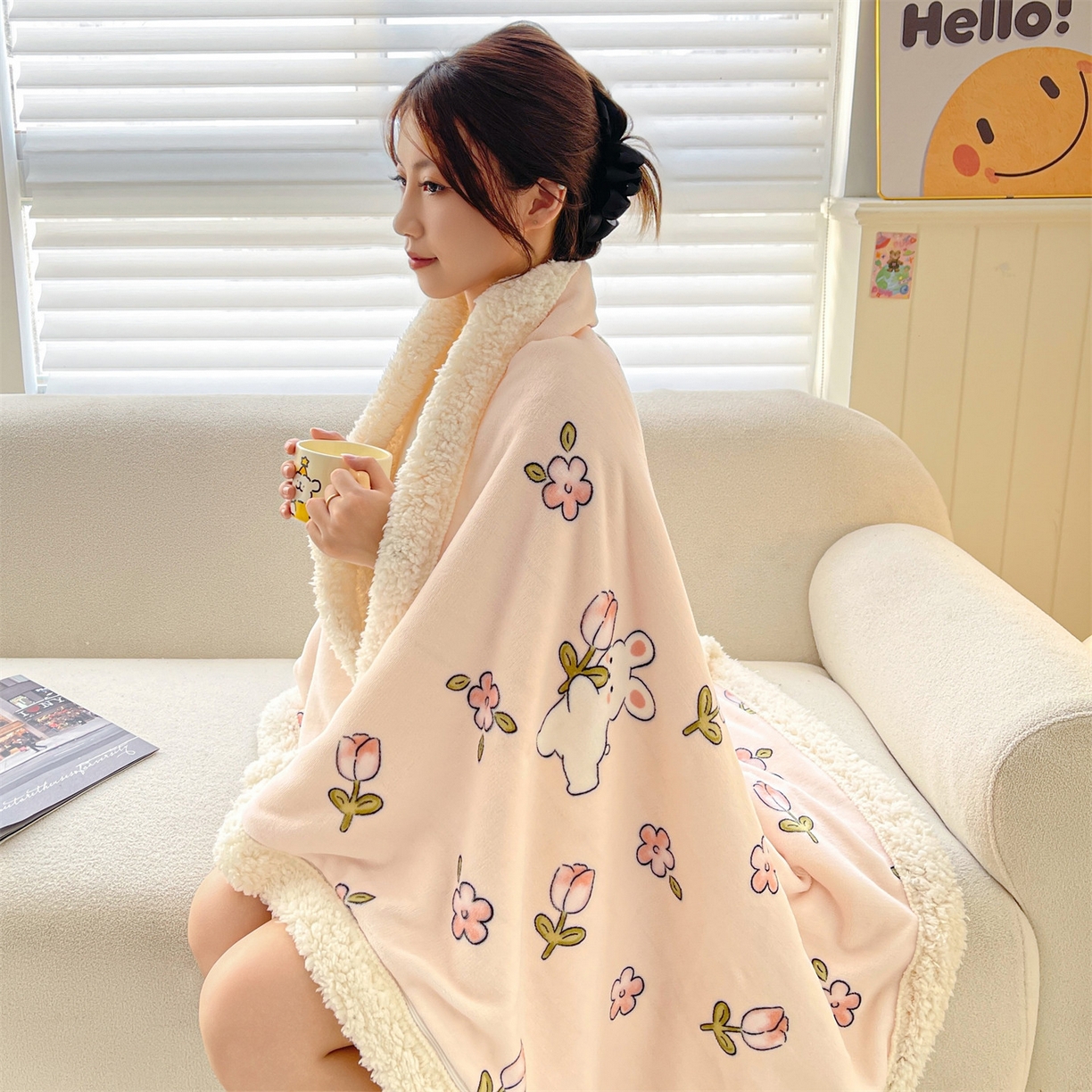 91家纺网 家纺一手货源 找家纺 雯豆家纺 2025新款双面暖绒多功能被套毯盖毯毯子 月季小兔