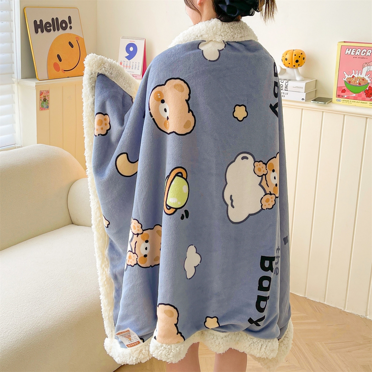 雯豆家纺 2025新款双面暖绒多功能被套毯盖毯毯子 云朵熊