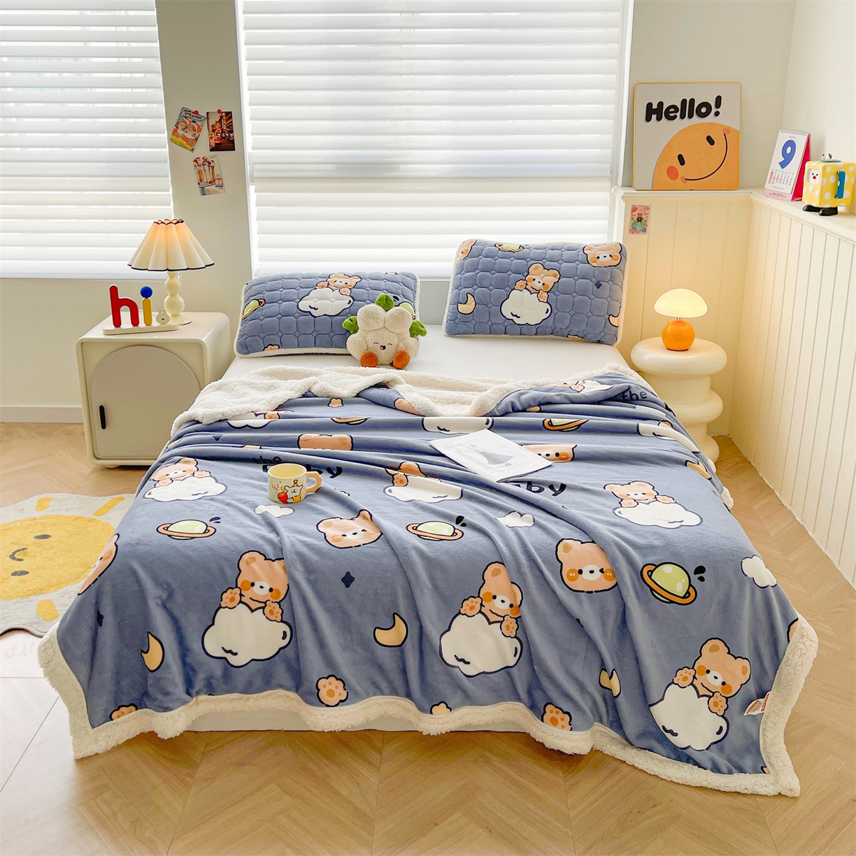 91家纺网 家纺一手货源 找家纺 雯豆家纺 2025新款双面暖绒多功能被套毯盖毯毯子 云朵熊