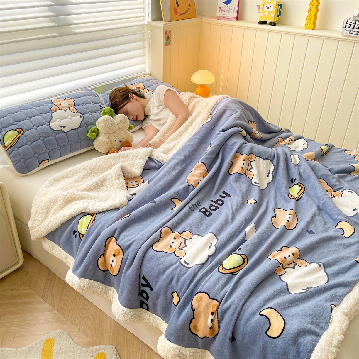 91家纺网 家纺一手货源 找家纺 雯豆家纺 2025新款双面暖绒多功能被套毯盖毯毯子 云朵熊