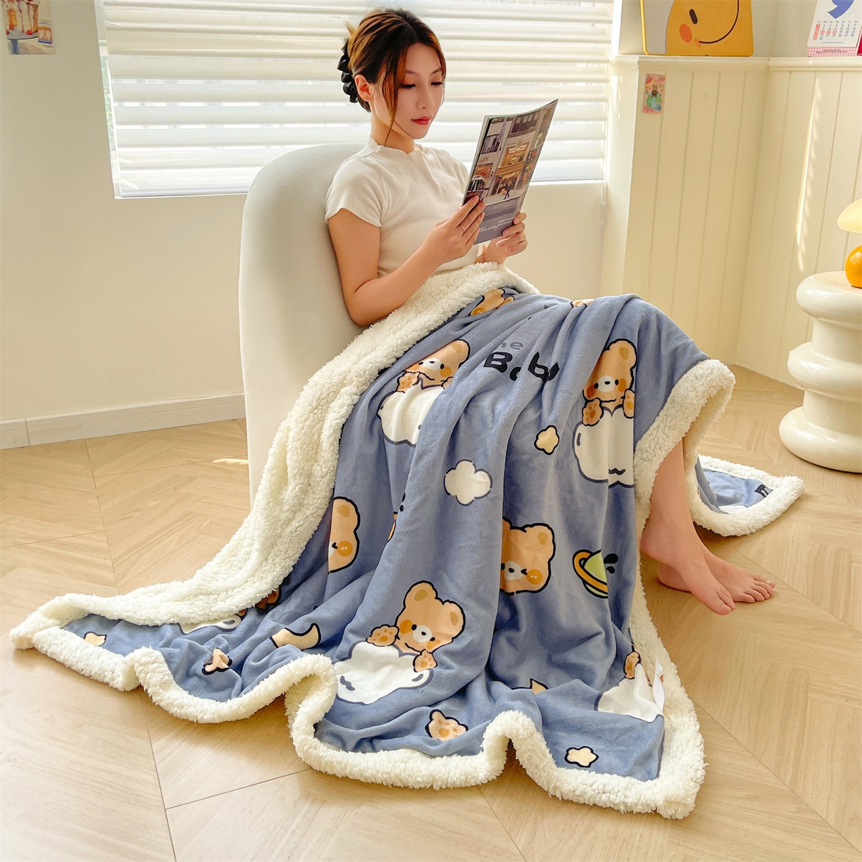 91家纺网 家纺一手货源 找家纺 雯豆家纺 2025新款双面暖绒多功能被套毯盖毯毯子 云朵熊