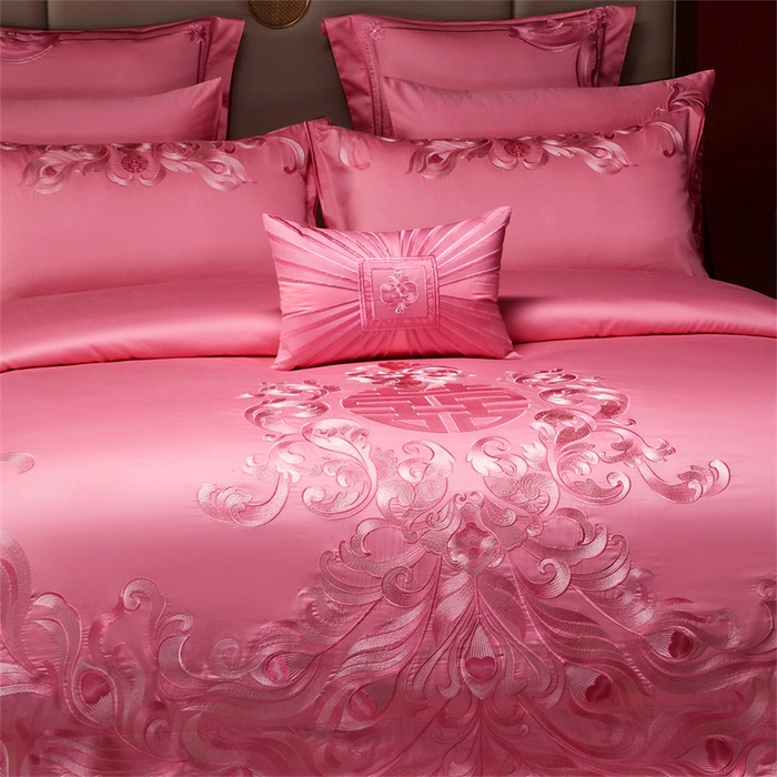 91家纺网 家纺一手货源 找家纺 宏羽纺家纺 2025新款高支高密全棉提花新中式婚庆多件套 高支高密爱的韶华-粉