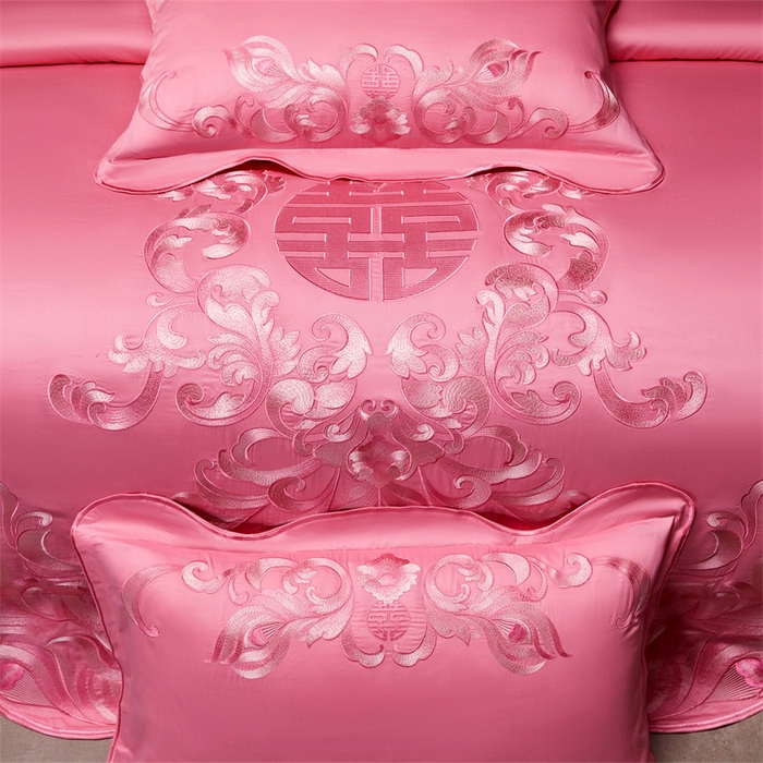 91家纺网 家纺一手货源 找家纺 宏羽纺家纺 2025新款高支高密全棉提花新中式婚庆多件套 高支高密爱的韶华-粉