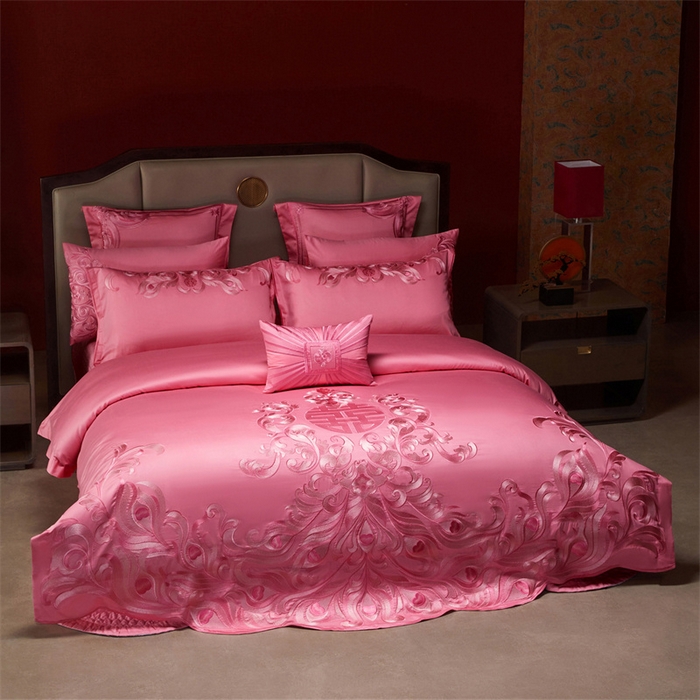 91家纺网 家纺一手货源 找家纺 宏羽纺家纺 2025新款高支高密全棉提花新中式婚庆多件套 高支高密爱的韶华-粉