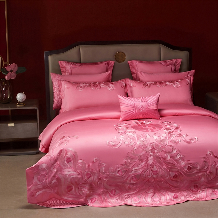 91家纺网 家纺一手货源 找家纺 宏羽纺家纺 2025新款高支高密全棉提花新中式婚庆多件套 高支高密爱的韶华-粉