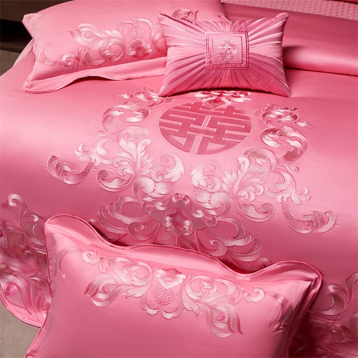 91家纺网 家纺一手货源 找家纺 宏羽纺家纺 2025新款高支高密全棉提花新中式婚庆多件套 高支高密爱的韶华-粉