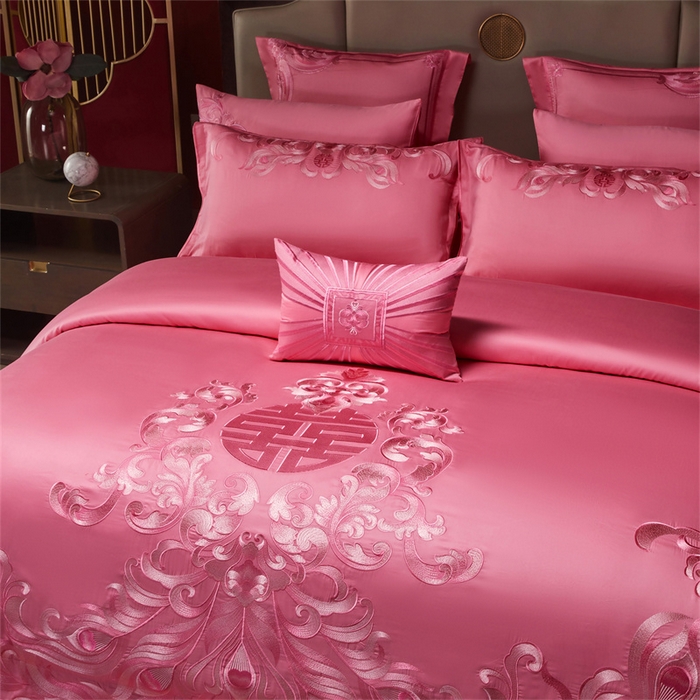 91家纺网 家纺一手货源 找家纺 宏羽纺家纺 2025新款高支高密全棉提花新中式婚庆多件套 高支高密爱的韶华-粉