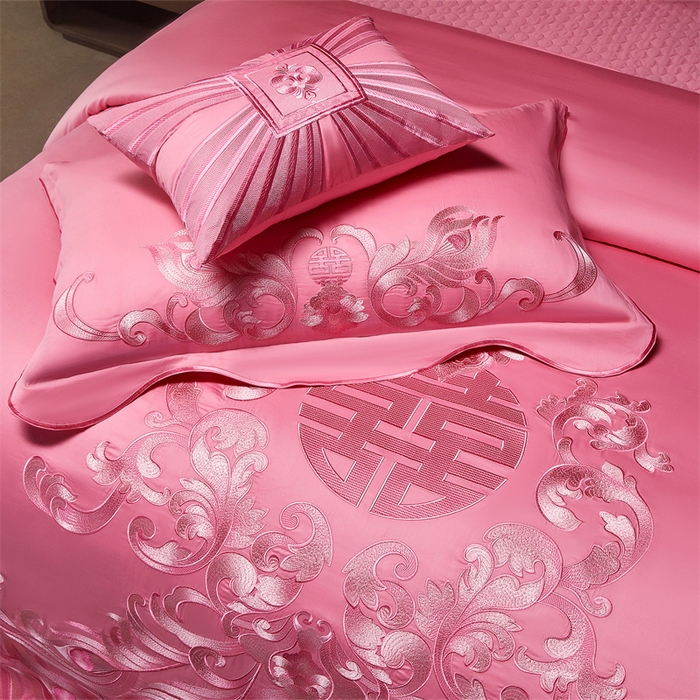 91家纺网 家纺一手货源 找家纺 宏羽纺家纺 2025新款高支高密全棉提花新中式婚庆多件套 高支高密爱的韶华-粉