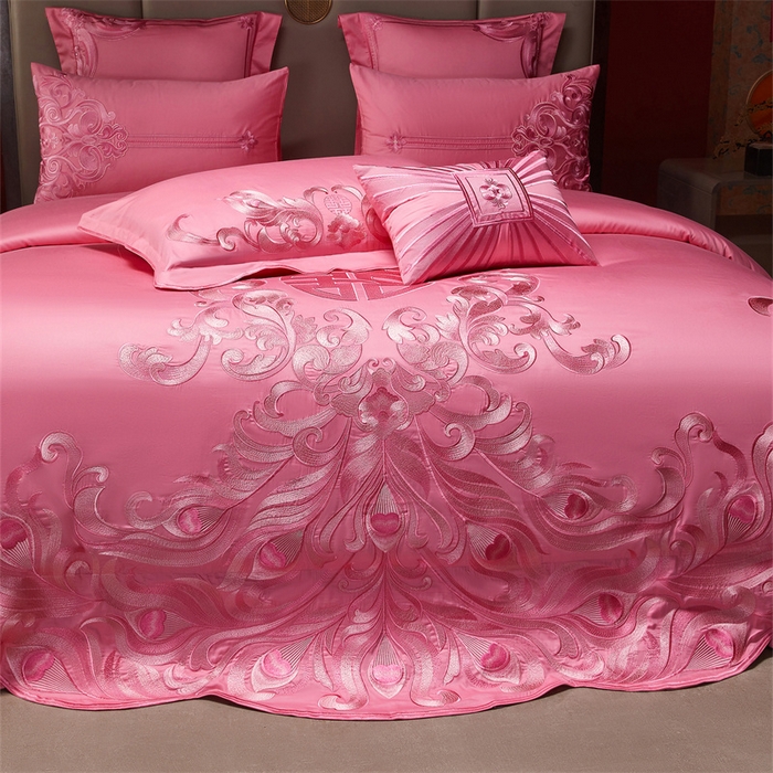 91家纺网 家纺一手货源 找家纺 宏羽纺家纺 2025新款高支高密全棉提花新中式婚庆多件套 高支高密爱的韶华-粉