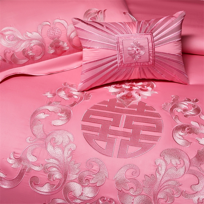 91家纺网 家纺一手货源 找家纺 宏羽纺家纺 2025新款高支高密全棉提花新中式婚庆多件套 高支高密爱的韶华-粉