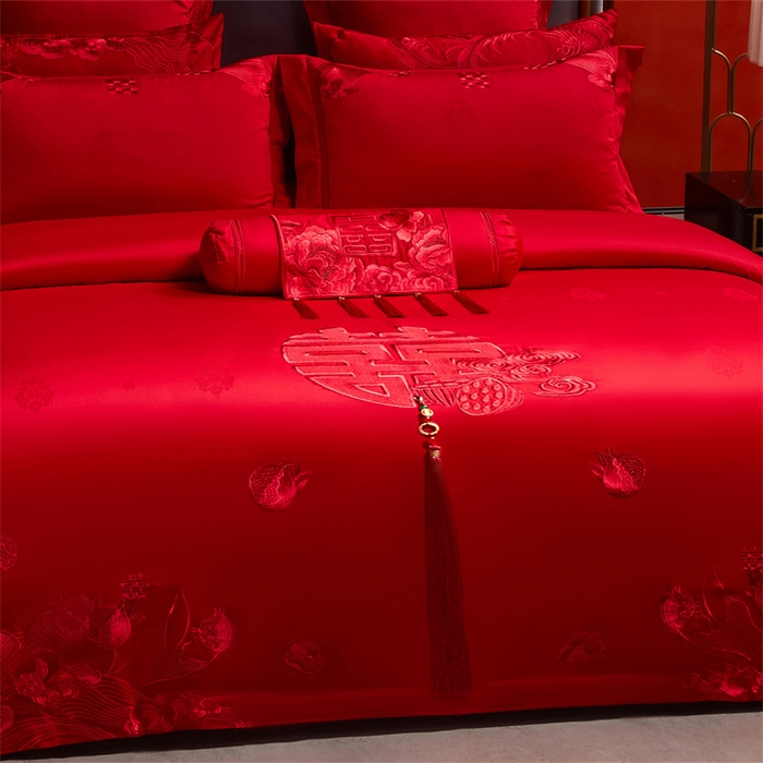 91家纺网 家纺一手货源 找家纺 宏羽纺家纺 2025新款高支高密全棉提花新中式婚庆多件套 高支高密榴连忘返-红