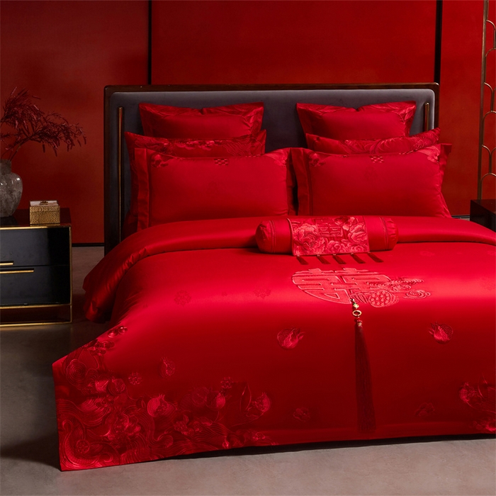 91家纺网 家纺一手货源 找家纺 宏羽纺家纺 2025新款高支高密全棉提花新中式婚庆多件套 高支高密榴连忘返-红