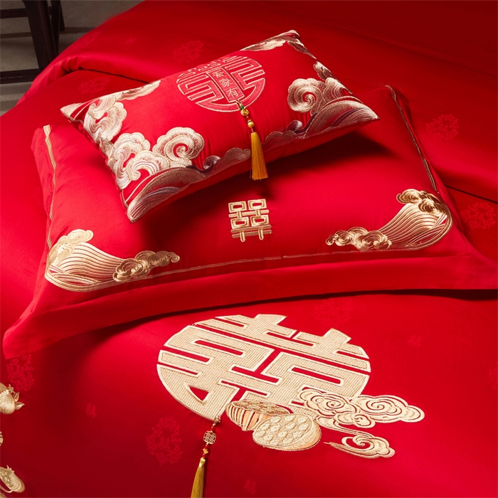 91家纺网 家纺一手货源 找家纺 宏羽纺家纺 2025新款高支高密全棉提花新中式婚庆多件套 高支高密榴连忘返-金