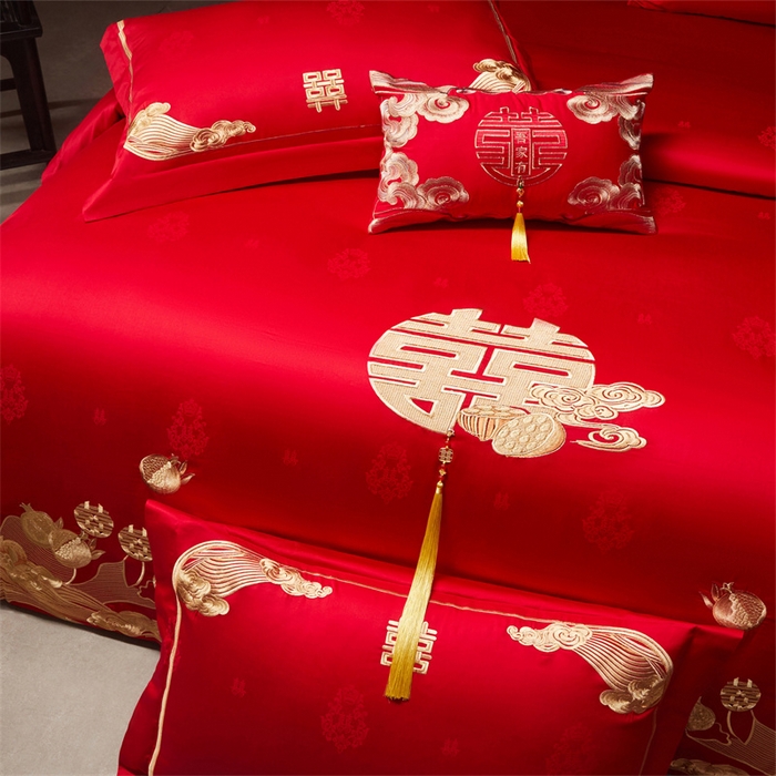 91家纺网 家纺一手货源 找家纺 宏羽纺家纺 2025新款高支高密全棉提花新中式婚庆多件套 高支高密榴连忘返-金