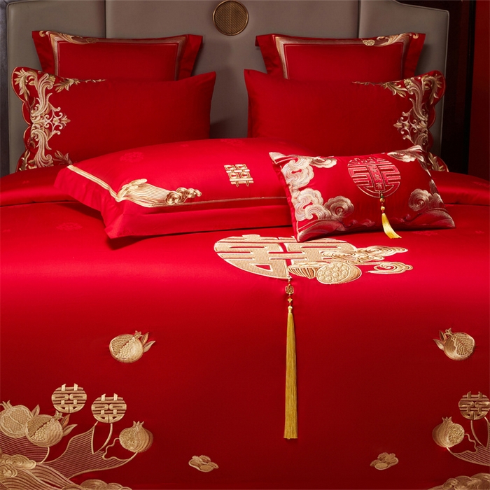 91家纺网 家纺一手货源 找家纺 宏羽纺家纺 2025新款高支高密全棉提花新中式婚庆多件套 高支高密榴连忘返-金