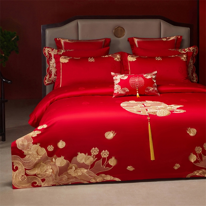 91家纺网 家纺一手货源 找家纺 宏羽纺家纺 2025新款高支高密全棉提花新中式婚庆多件套 高支高密榴连忘返-金