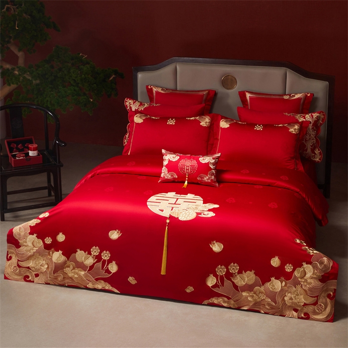 91家纺网 家纺一手货源 找家纺 宏羽纺家纺 2025新款高支高密全棉提花新中式婚庆多件套 高支高密榴连忘返-金