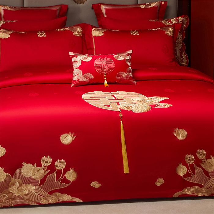 91家纺网 家纺一手货源 找家纺 宏羽纺家纺 2025新款高支高密全棉提花新中式婚庆多件套 高支高密榴连忘返-金